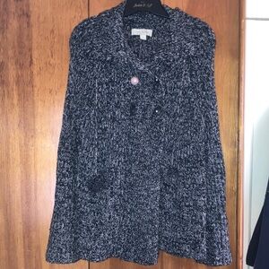 Salt and pepper sweater cardigan, L, button front, ties with pompons on the ends